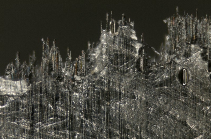 Bruchbild: Prüfkörper aus herkömmlich behandelten Fasern. Bildbreite = 1,9 mm